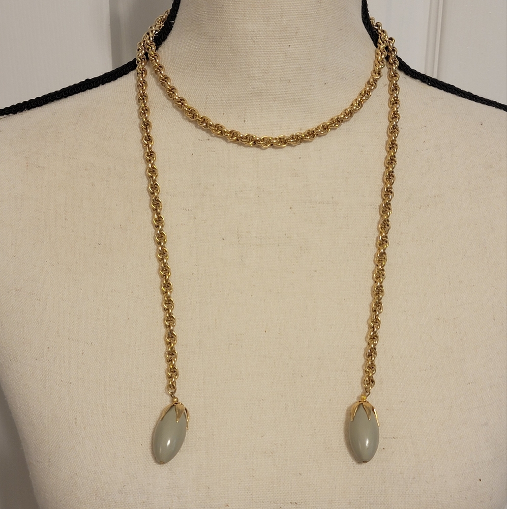 Gold Tone Wrap Chain Necklace Gray Bead Dangles Long 41” Layering Statement